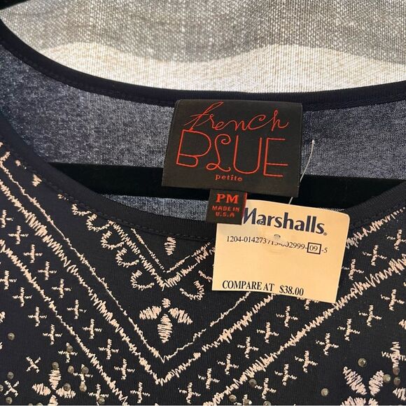 French Blue Navy Rhinestone Tunic Top Size Medium Petite - Picture 5 of 6